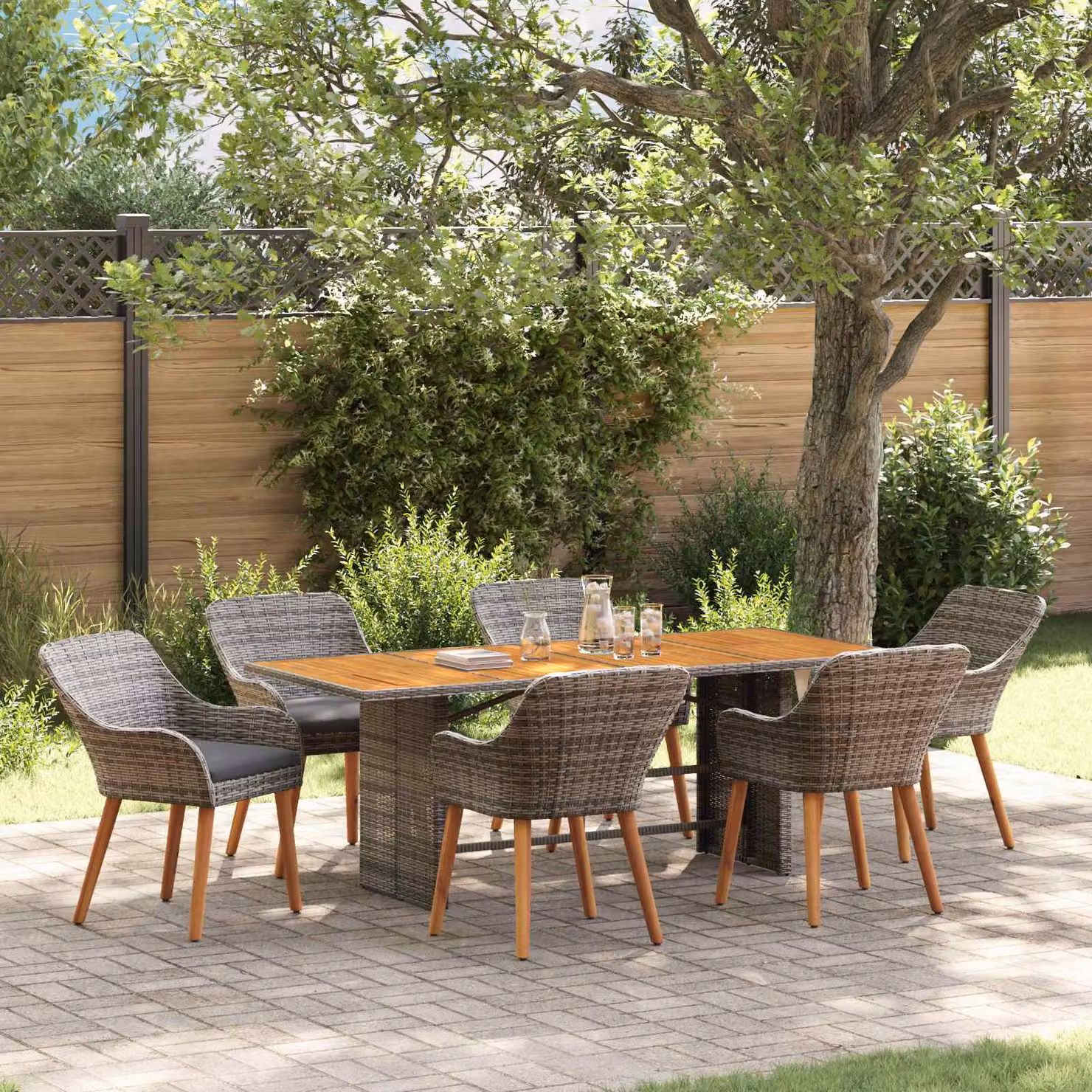 Set da pranzo per giardino e terrazzo vidaXL in polyrattan grigio, 7 pezzi – 1