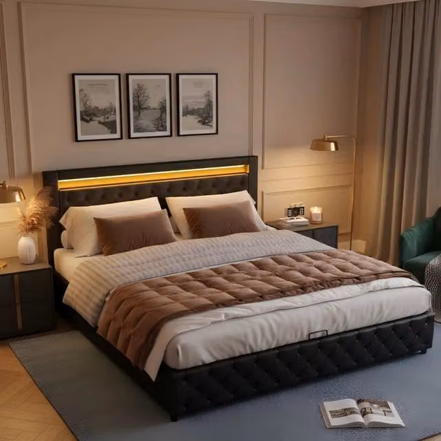 Letto Contenitore Imbottito Minimal con LED Nero in PU L/P: 140 x 190 cm