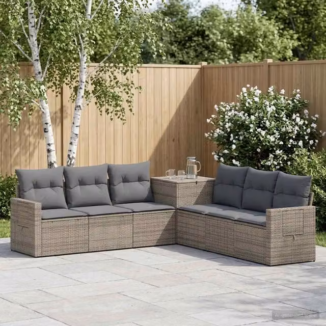 Set di divani da giardino vidaXL in polyrattan grigio e antracite con 7 pezzi e cuscini inclusi