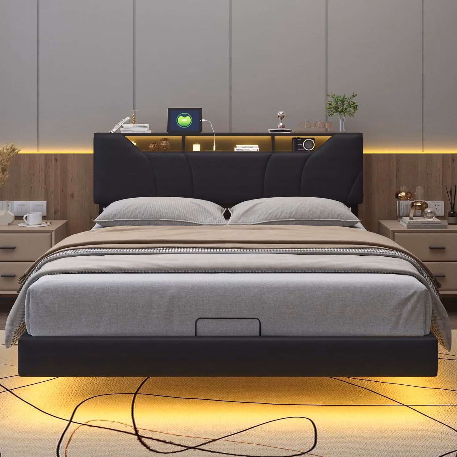 Letto matrimoniale - Letto moderno - Letto contenitore - Letto con box - Letto rivestito in ecopelle - Colore nero - Dimensioni 160x200 cm - Con illuminazione a LED
