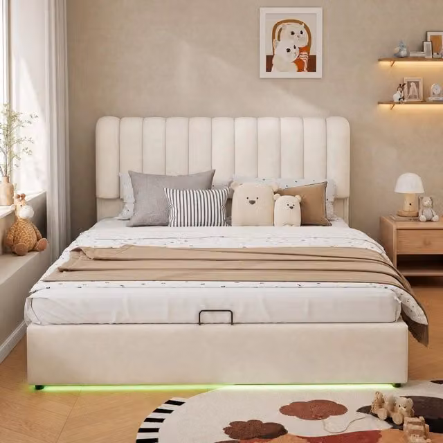 Letto contenitore per bambini 140 × 200 cm con sollevamento idraulico, 3 cassetti, LED, senza materasso, in velluto beige