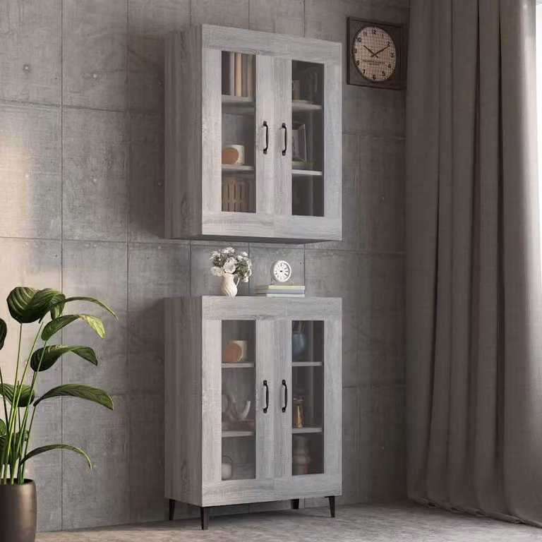 Armadietto Pensile a Parete vidaXL Grigio con Ante in Vetro e Ripiani Interni L: 69,5 cm, P: 34 cm, H: 90 cm