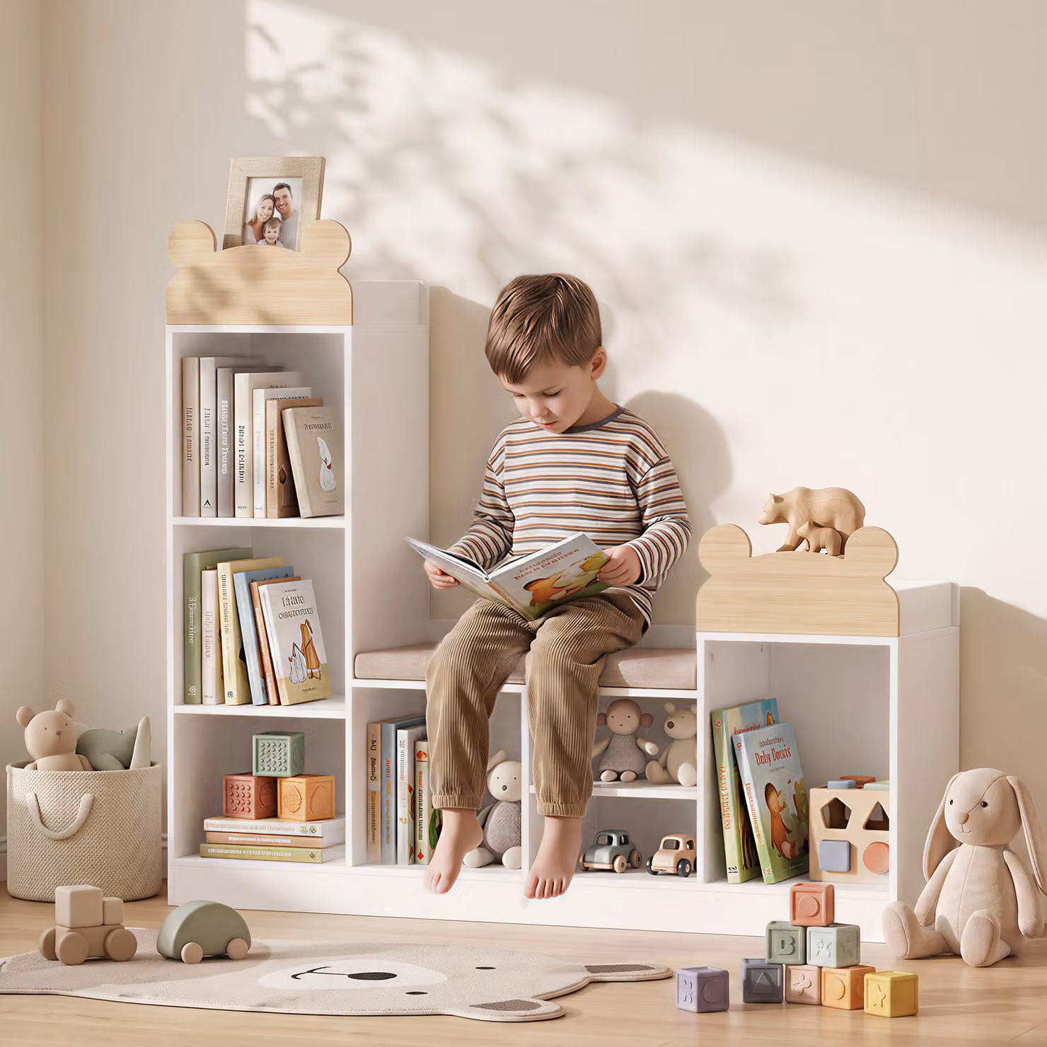 Libreria 3 in 1 per bambini AIYAPLAY con panca, 6 scomparti e cuscino, bianco Aosom – 2