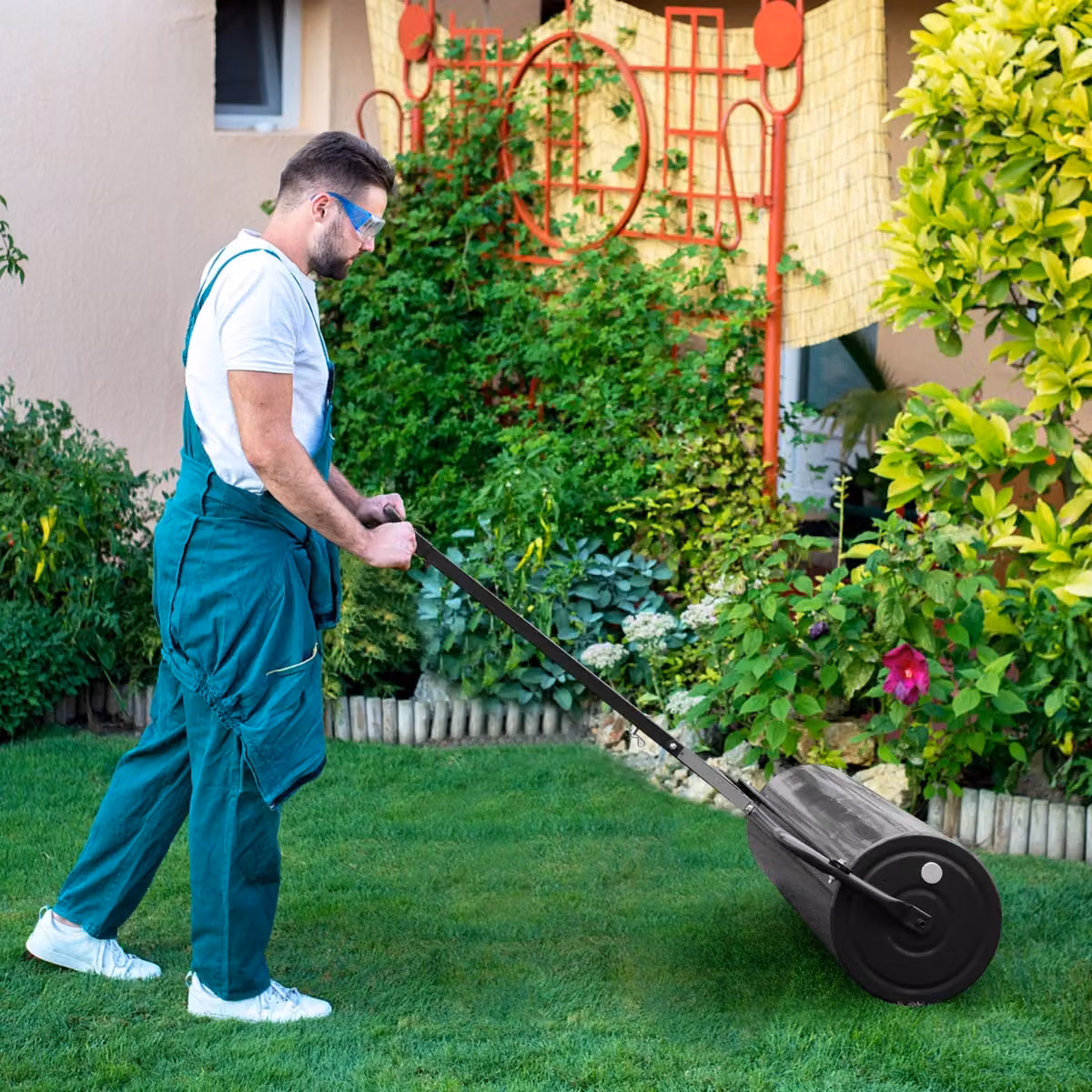 Costway Rullo Compattatore per Prato in Metallo con Impugnatura Staccabile e Gancio per il Traino, Nero e Verde – 3