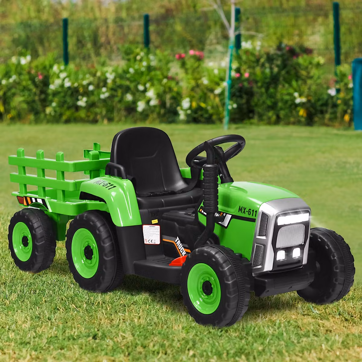 Trattore elettrico giocattolo con rimorchio Costway da 12V verde con luci LED, musica e clacson per bambini
