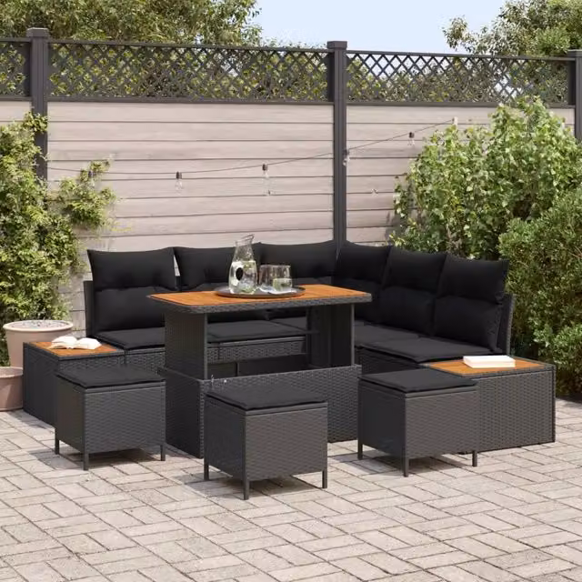 Set Divano da Giardino 9 pz 8-Numero di posti Nero Poly Rattan 3364869