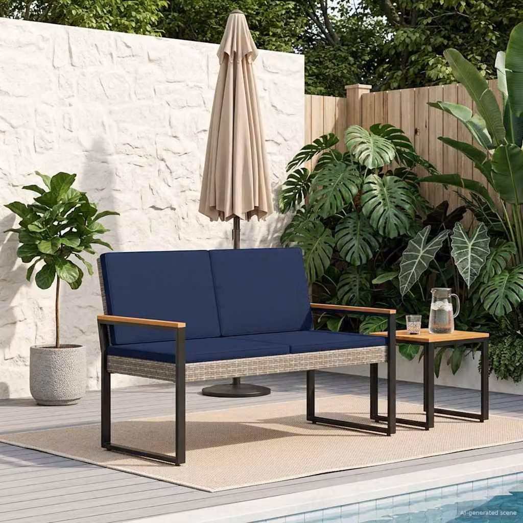 Panchina da esterno a 2 posti vidaXL in rattan e metallo con braccioli, L 107 x P 61 x H 80 cm, grigio e blu