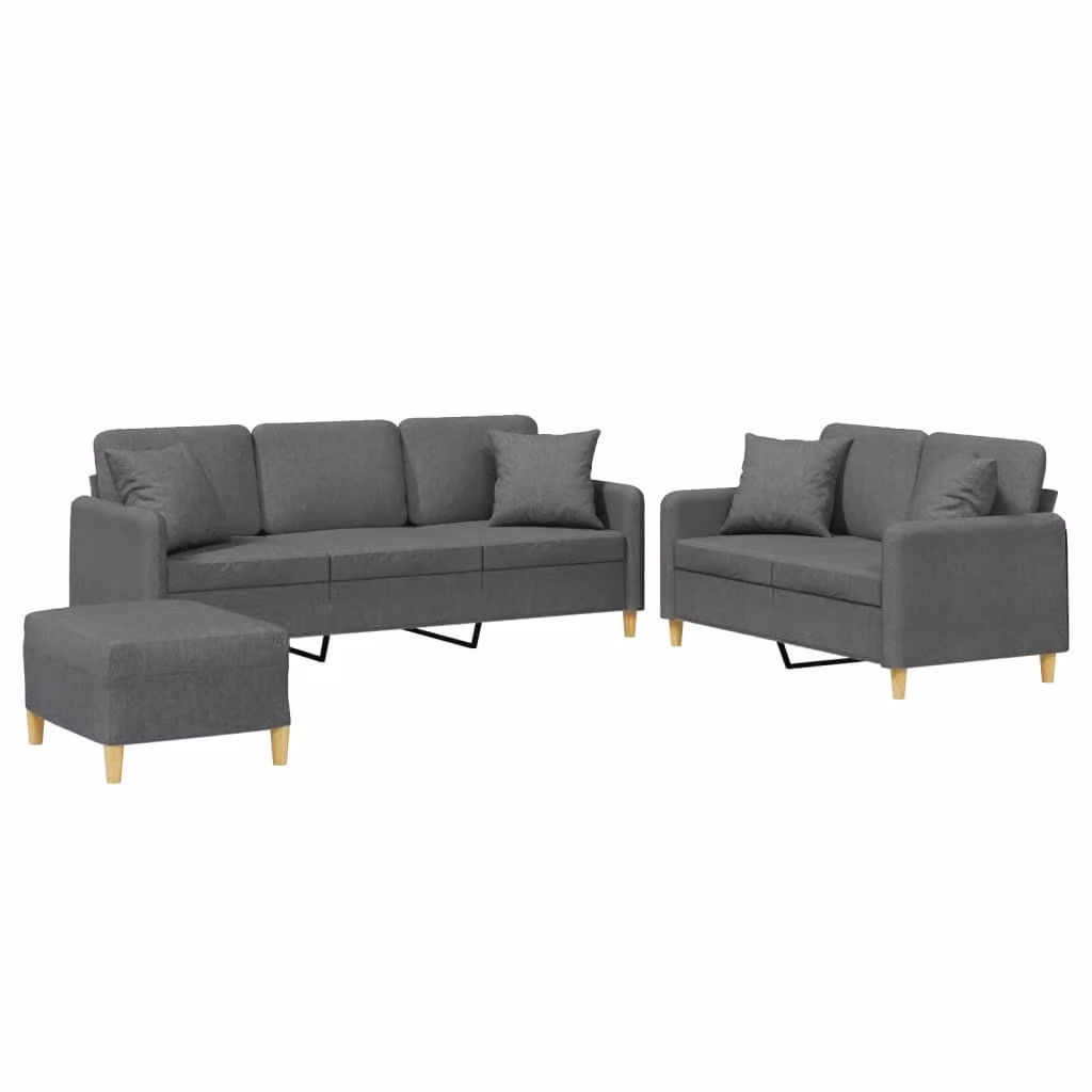 Set di Divani 3 pz con Cuscini Grigio Scuro in Tessuto