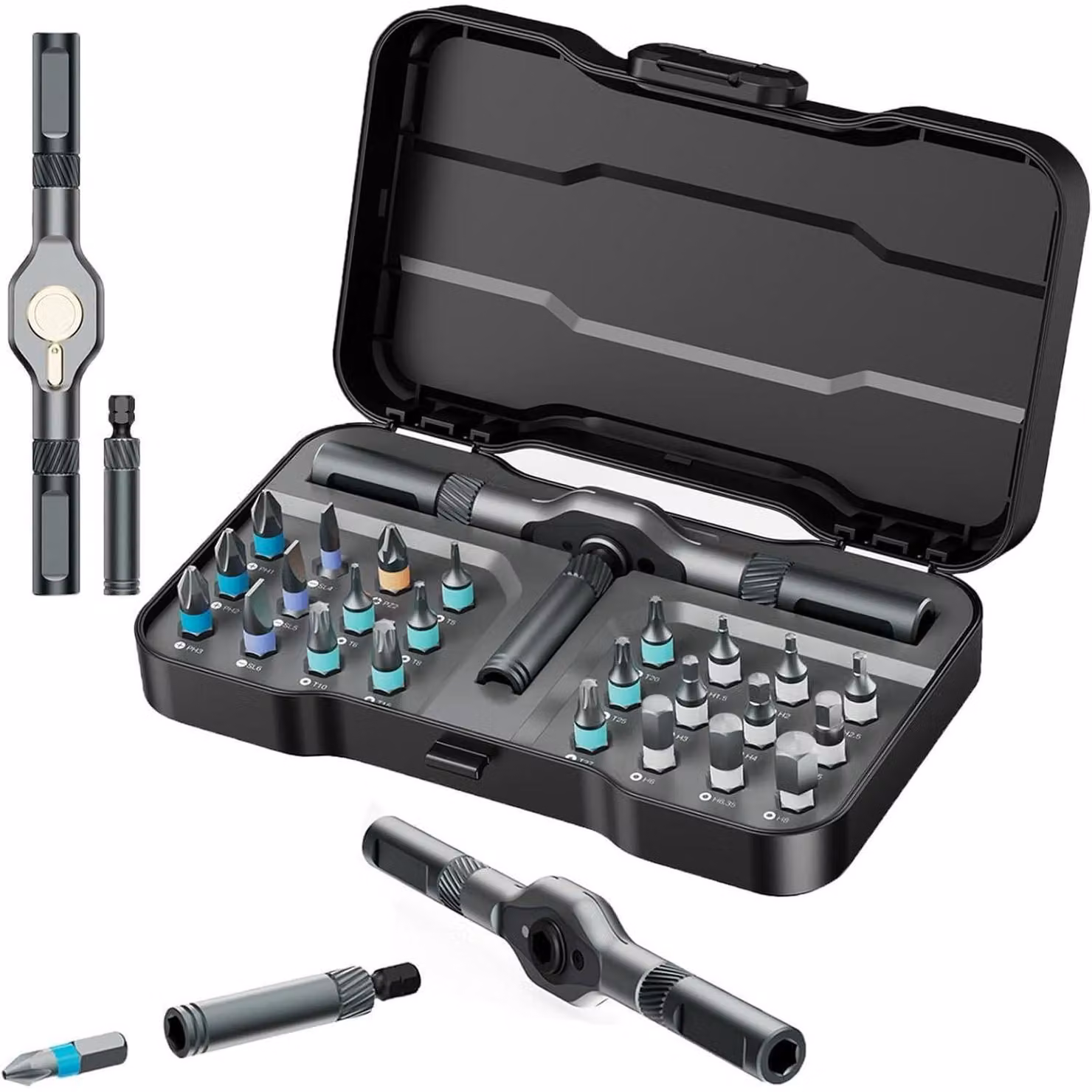 Cacciavite a rinvio con 24 punte magnetiche, set manuale multi-punta, impugnatura removibile, set di strumenti per la riparazione, colore nero scuro
