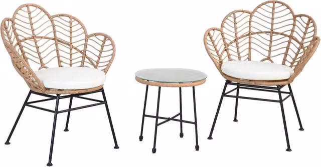 Set Salotto da Giardino 2 Poltrone e Tavolino in Acciaio e Polirattan Fiji Nero Naturale e Bianco