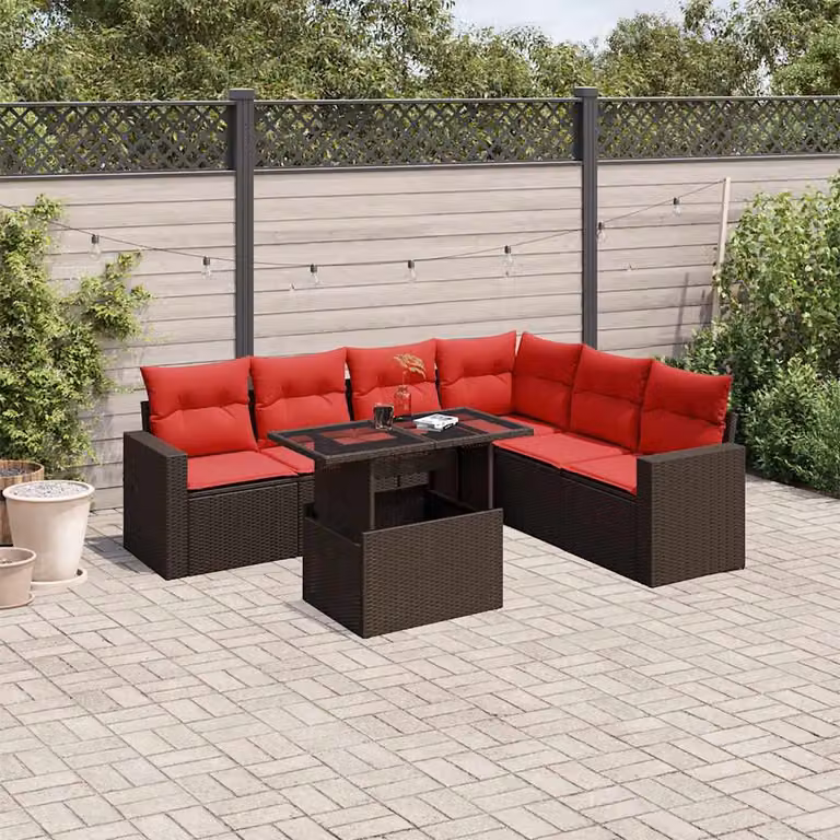 Set di divani da giardino vidaXL in polyrattan marrone con cuscini, divano angolare a L e tavolino da caffè per esterno