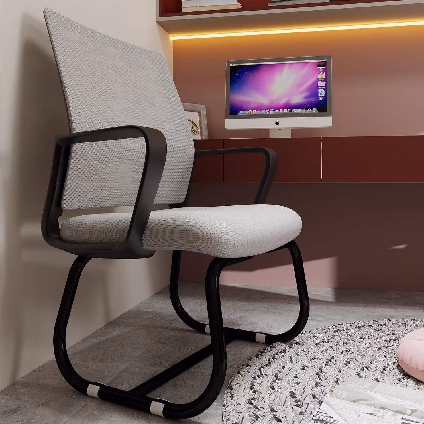 MODFU Sedia da ufficio minimalista Sedia da scrivania con schienale in tessuto a rete traspirante, sedia da computer Sedia da lavoro con struttura curva, nera e grigia