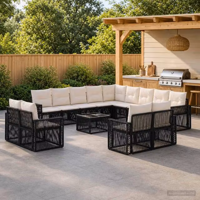 Set Divano da Giardino vidaXL 14 Pezzi a Forma di U in Polyrattan con Tavolino e Cuscini, Nero e Bianco