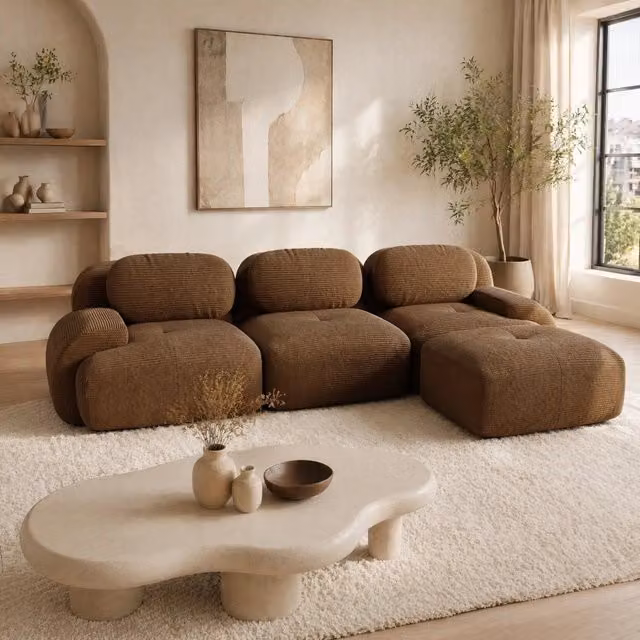 Divano angolare 298x178x70 cm in corduroy marrone, senza montaggio, per soggiorno –