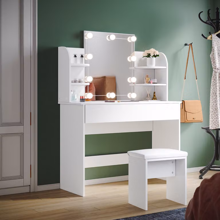 SONNI tavolino da toilette bianco con sgabello e illuminazione, con sgabello, luminosità regolabile 108x40x140cm