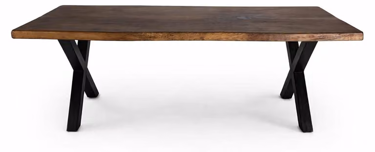 Elegante tavolo da pranzo in legno di noce con bordi naturali e robuste gambe a X in metallo