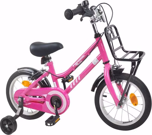 Bicicletta per bambini da 12 pollici rosa e nera con dettagli in metallo e gomma