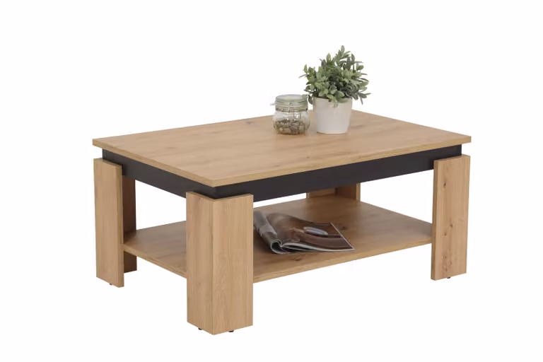Tavolino da salotto Tim II - Decoro artigianale in rovere - Struttura in legno con ampio ripiano - Rivestimento in melamina - Dimensioni L90xP60cm
