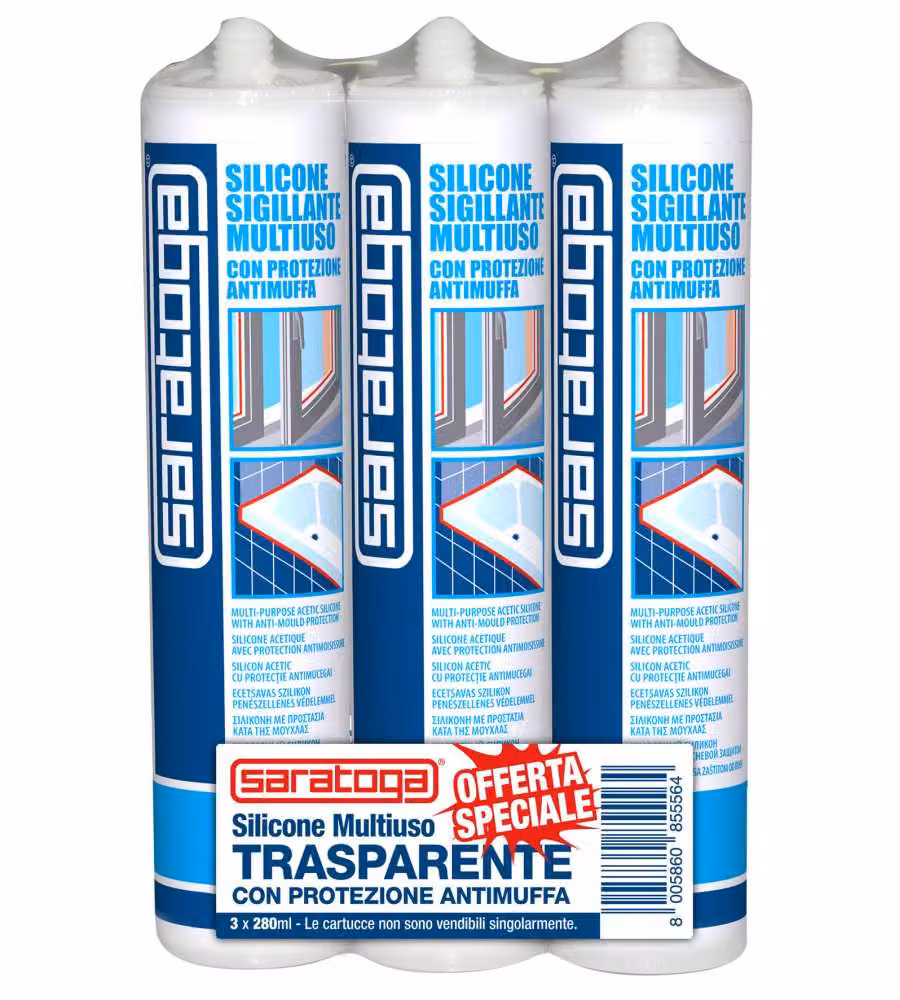 Saratoga Silicone Multiuso Trasparente 3 x 280 ml Antimuffa per Bagni e Cucine