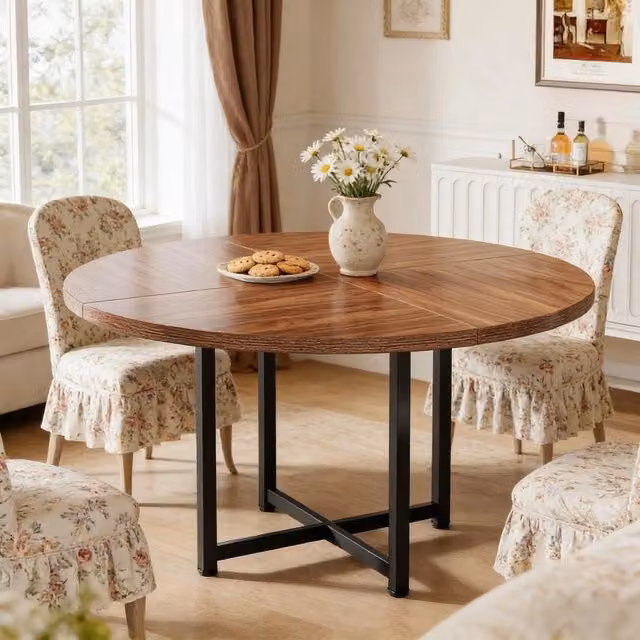 Tavolo da pranzo rotondo Mivray in stile industriale con struttura in metallo nero e piano in legno marrone, diametro: 120 cm
