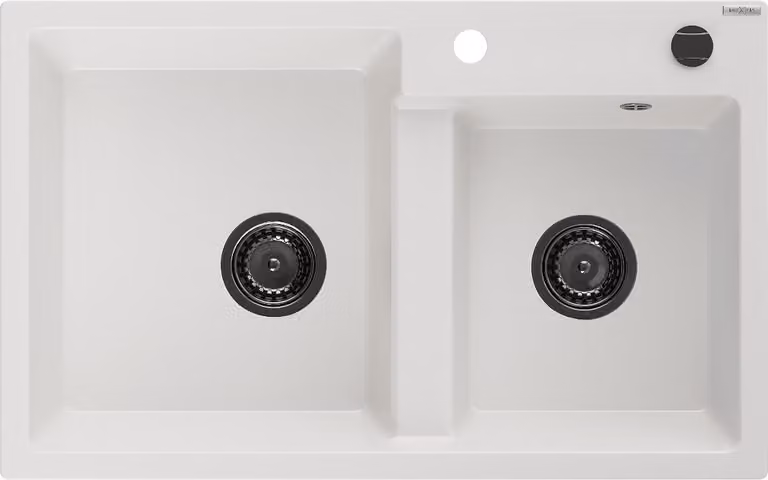 Mexen Tomas lavello in granito a 2 vasche 800 x 500 mm, bianco, sifone nero - 6516802000-20-B