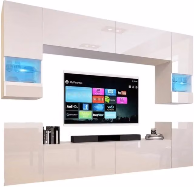 Set di mobili da soggiorno sospesi Meublorama collezione CEPTO XXVII, bianco lucido, modulare con illuminazione LED integrata, 8 pezzi, L: 240 cm – 1
