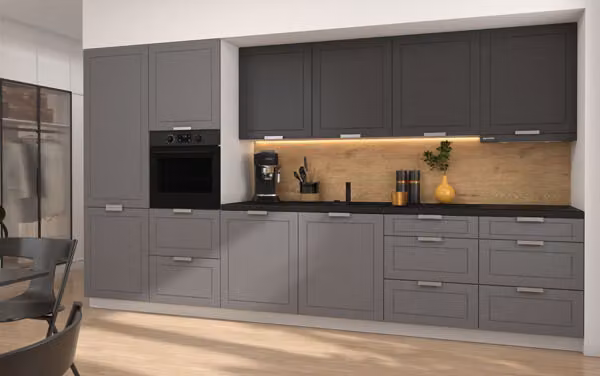 Mobile cucina KVANTUM 360cm frontali bianchi MDF grigio polvere grahpit opaco REJS guida a estrazione totale