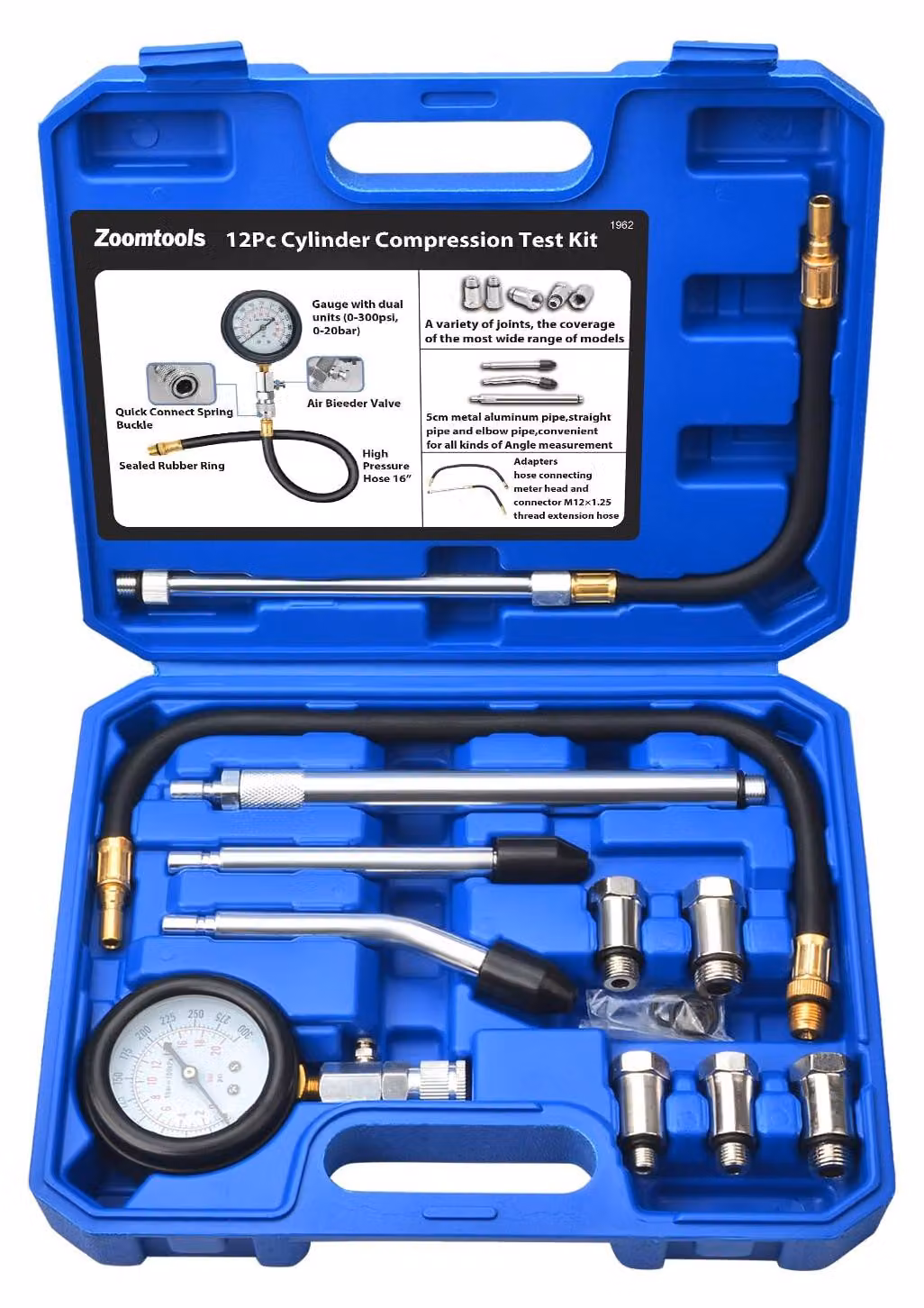 Kit per la misurazione della compressione dei cilindri, composto da 11 pezzi, include un manometro per la pressione della benzina, adatto per auto e motociclette