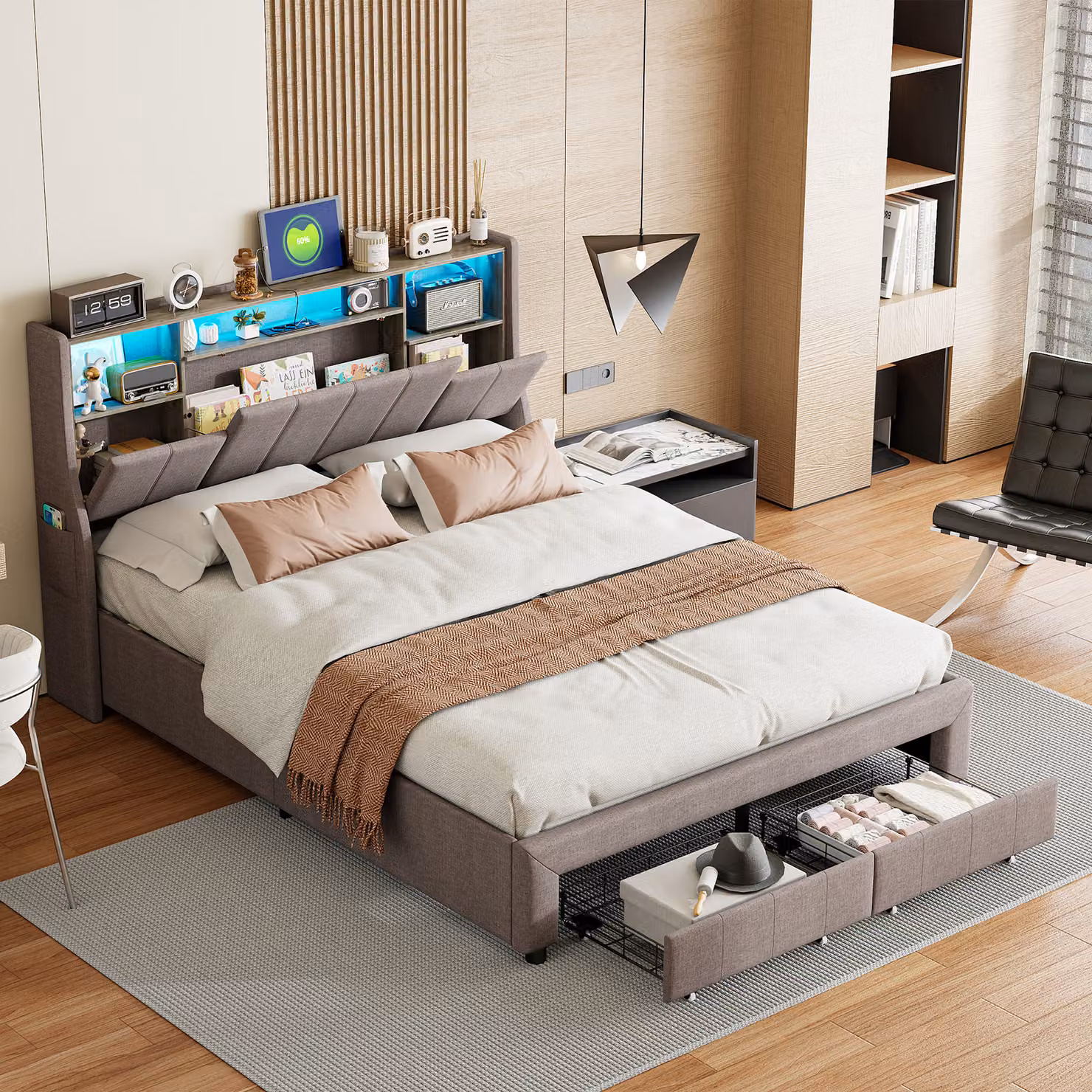 letto in lino grigio 160 x 200 cm con contenitore, illuminazione a LED, porta di ricarica USB, testata imbottita e rete a doghe per 2 persone