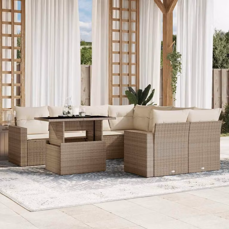 vidaXL Set Divano da Giardino a L 9 pz in Polyrattan con Cuscini Beige e Tavolino