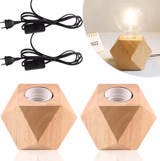 Lampada da tavolo, attacco E27, piccola, con base in legno a forma di diamante, spina europea, ideale per camera da letto, soggiorno o ufficio