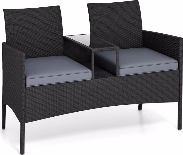 Panca da giardino con tavolo COSTWAY, panca a 2 posti in polyrattan, gruppo di sedute, mobili da giardino, mobili da patio, mobili da balcone resistenti alle intemperie grigio