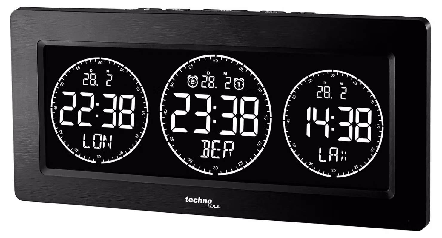 Orologio digitale mondiale, con visualizzazione di 3 fusi orari, display a LED, colore nero