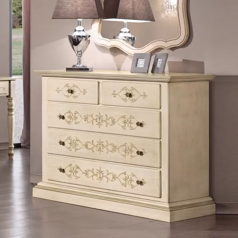 Cassettiera in legno shabby chic con 5 cassetti Mobili 2G avorio anticato e decorazioni floreali verdi L: 125 cm, P: 51 cm, H: 98 cm – 2