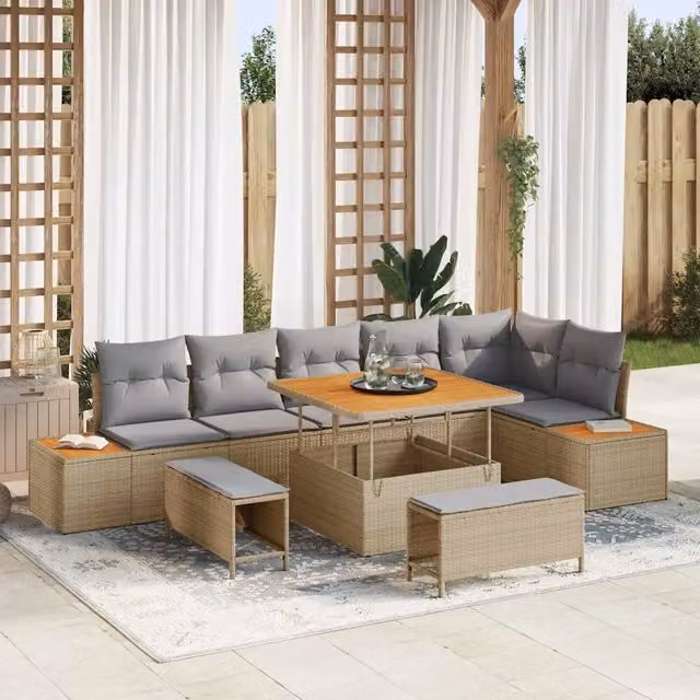Set Divano da Giardino vidaXL 9 Pezzi Beige con Cuscini e Tavolino da Esterno