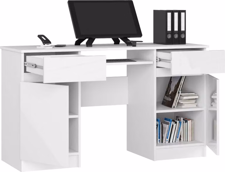 Scrivania da 135 cm con 2 ante, 2 cassetti, piano per computer, ripiano estraibile per tastiera e 5 scomparti