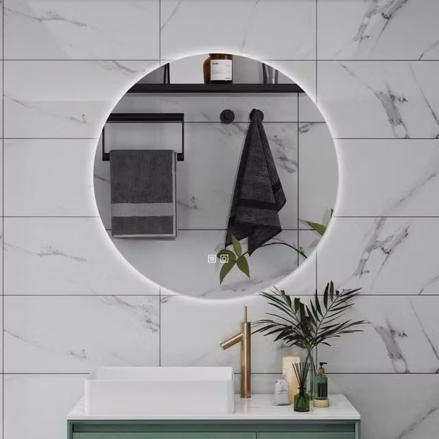 AICA Specchio da bagno 90 x 90 cm, 3 colori, antiappannamento, dimmerabile, interruttore touch, Funzione Memoria