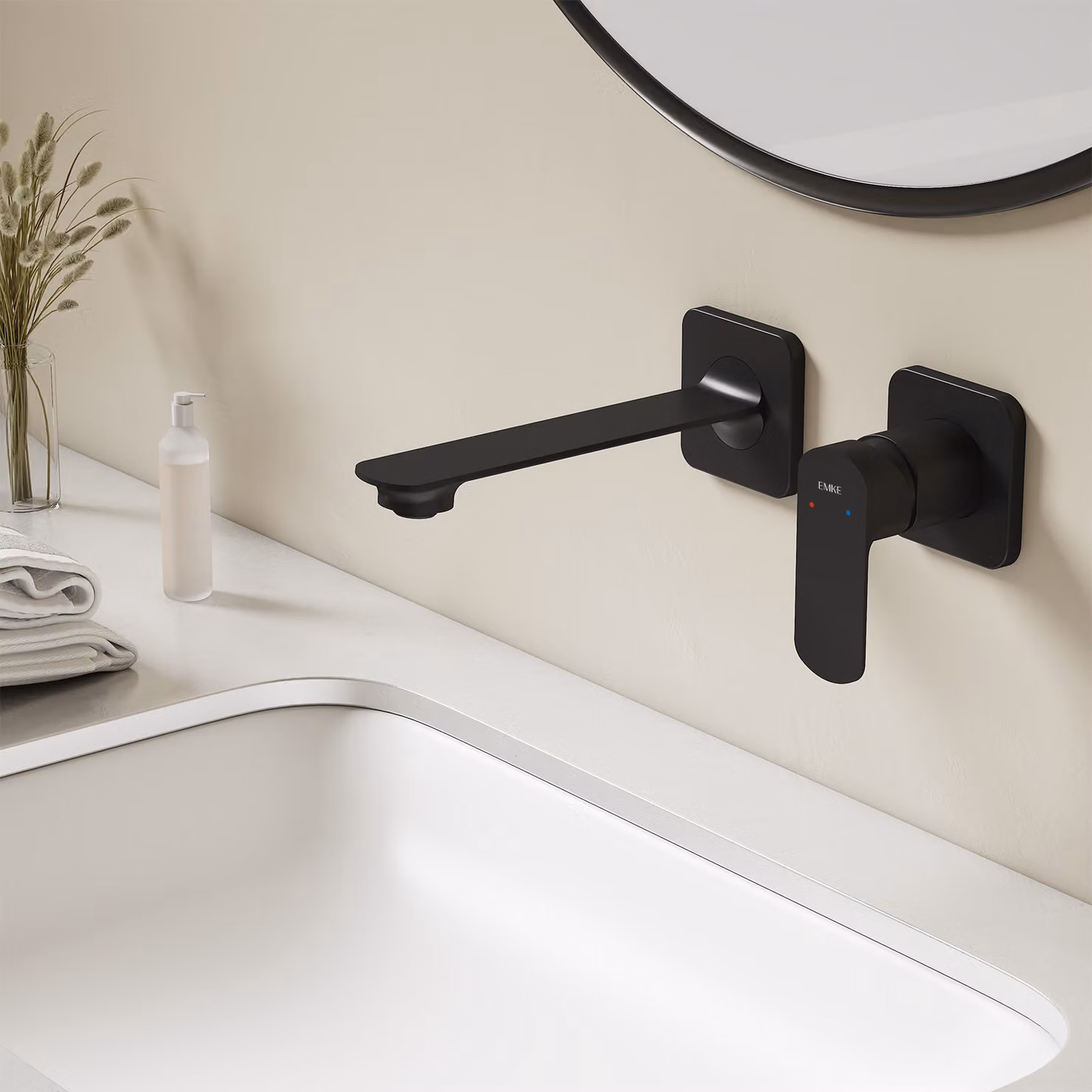 EMKE Rubinetto lavabo a parete, rubinetto da incasso per bagno, miscelatore monocomando a 2 fori per lavabo 233x127x110 mm nero opaco