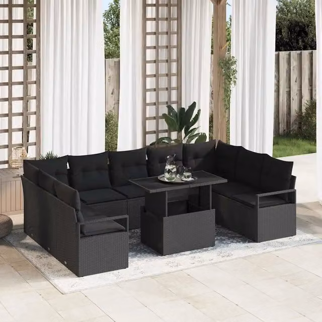 Set Divano da Giardino 10 pz 9-Numero di posti Nero polyrattan 3348889