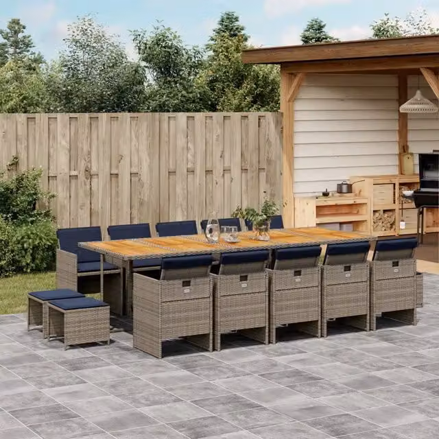 Set da pranzo da giardino vidaXL in legno di acacia e polyrattan da 15 pezzi con piano estensibile e cuscini – 1