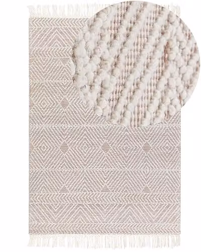 Tappeto di lana beige fatto a mano nappe motivo geometrico 160 x 230 cm