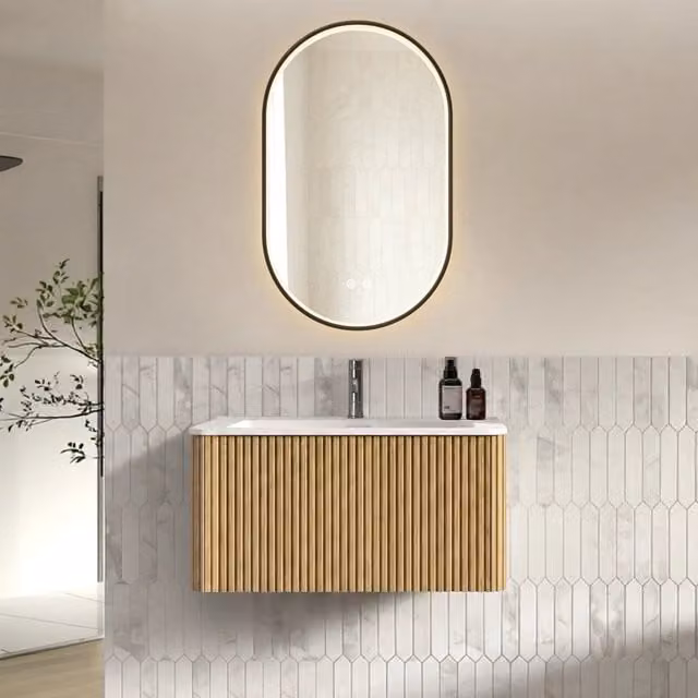 Set mobili bagno 80 cm, lavabo con mobile sottolavabo sospeso, colore quercia, preassemblato. Specchio ovale 50x80 cm con cornice nera e strass