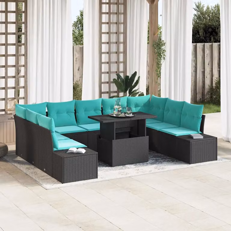 vidaXL Set Divano da Giardino a Forma di U in Polyrattan con Cuscini, Colore Nero e Blu