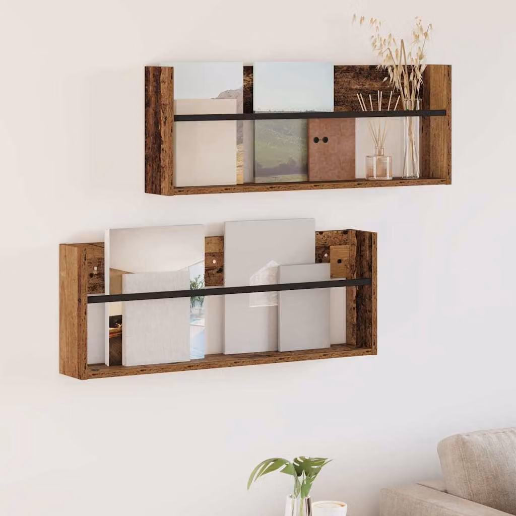 Set di 2 Scaffali per riviste vidaXL in legno effetto vecchio marrone, da appendere al muro, L 80 cm x P 12 cm x H 30 cm