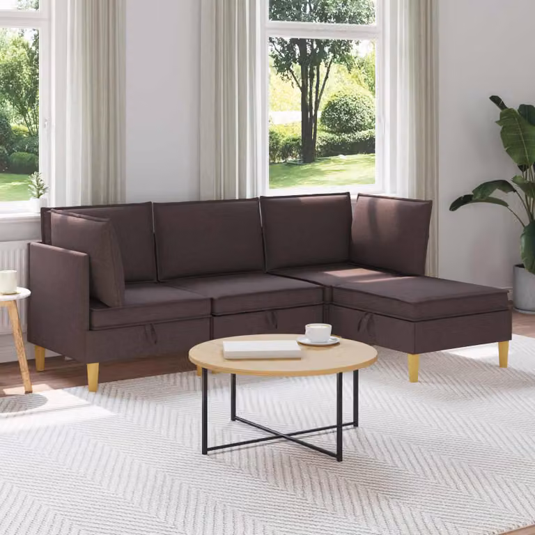 Set di divani modulari vidaXL a L in tessuto marrone con spazio di archiviazione, 4 pezzi