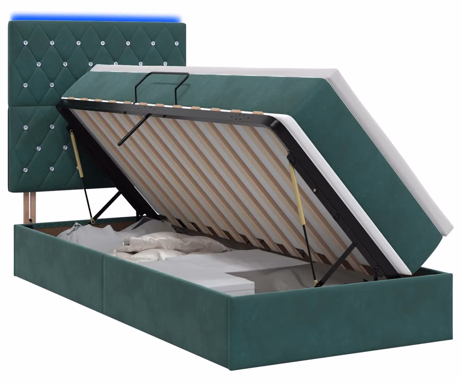 Letto imbottito con tecnologia LED e materasso, colore verde scuro, dimensioni 90 x 200 cm, rivestito in velluto