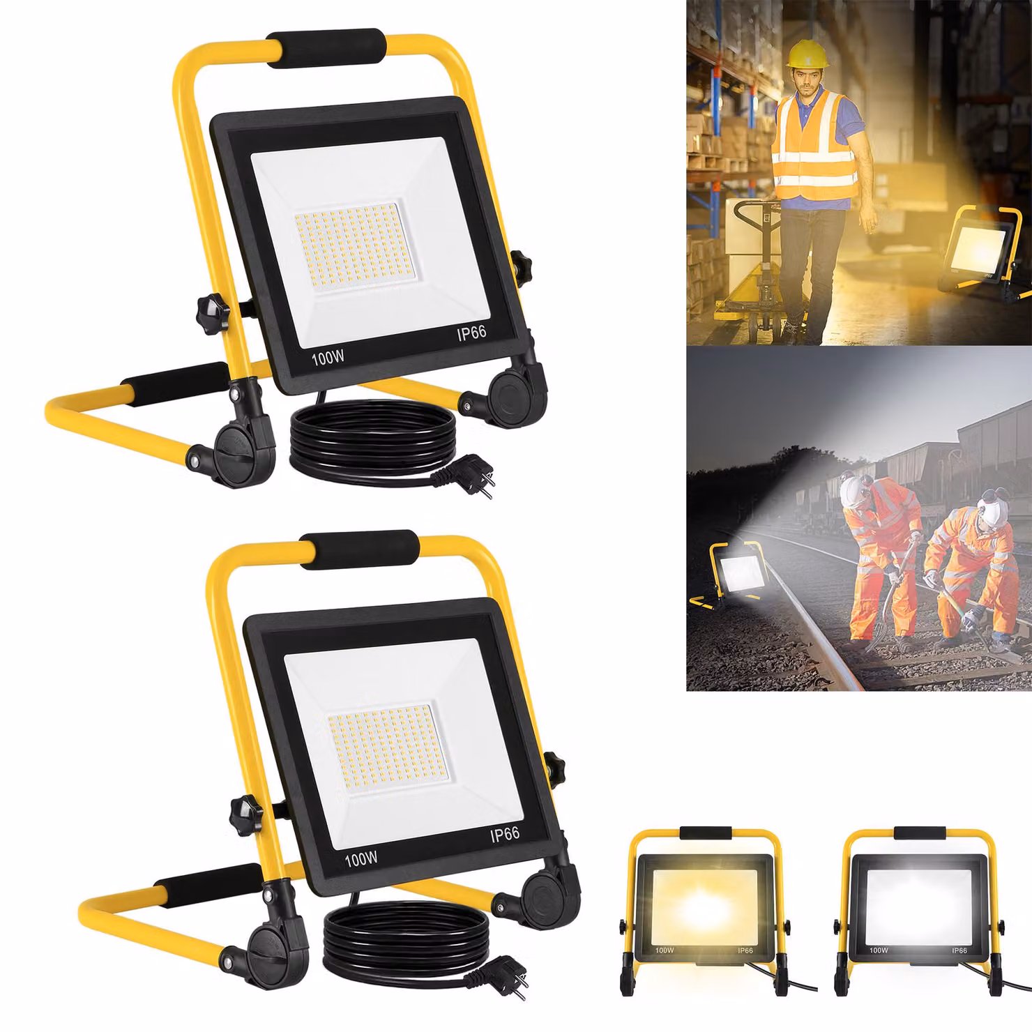 VA-Cerulean, faretto LED da 100W, set da 2, luce calda 3000K, grado di protezione IP66, ideale per cantieri