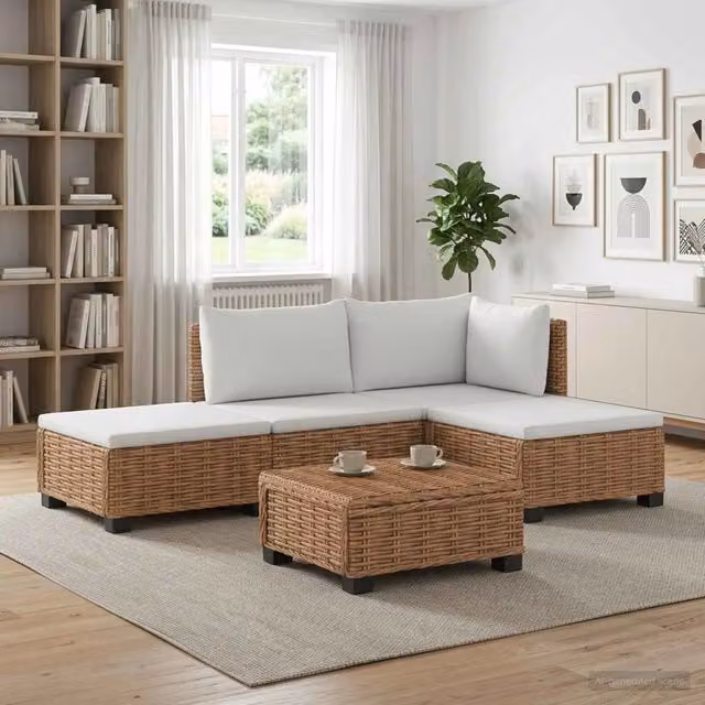 Set Lounge da 4 pezzi vidaXL in rattan naturale con cuscini beige e bianchi per giardino, terrazzo o soggiorno