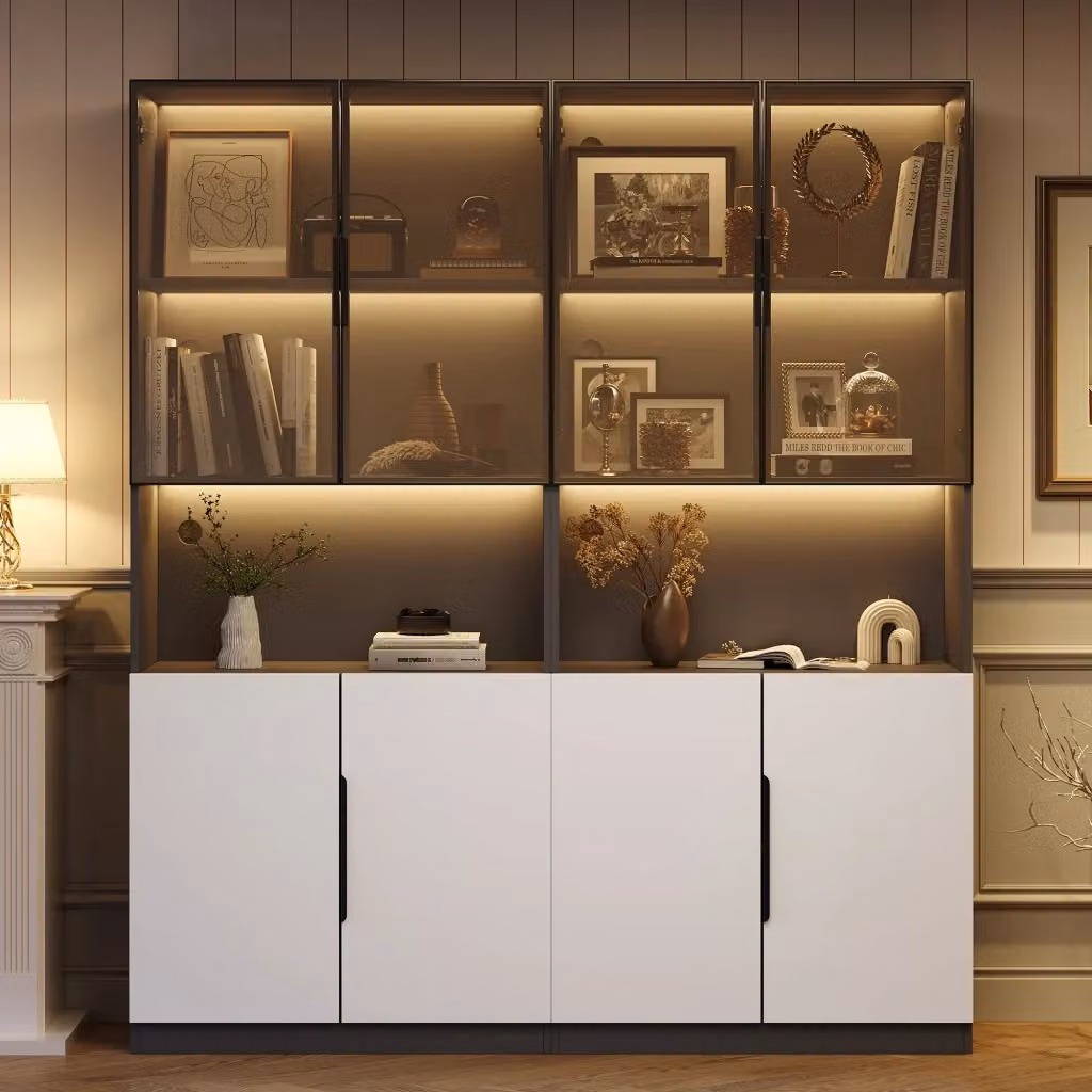 Vetrina moderna FOLYNA con ante in vetro, illuminazione LED regolabile e ripiani interni, finitura bianco e nero, L: 160 cm, P: 30 cm, H: 200 cm – 2
