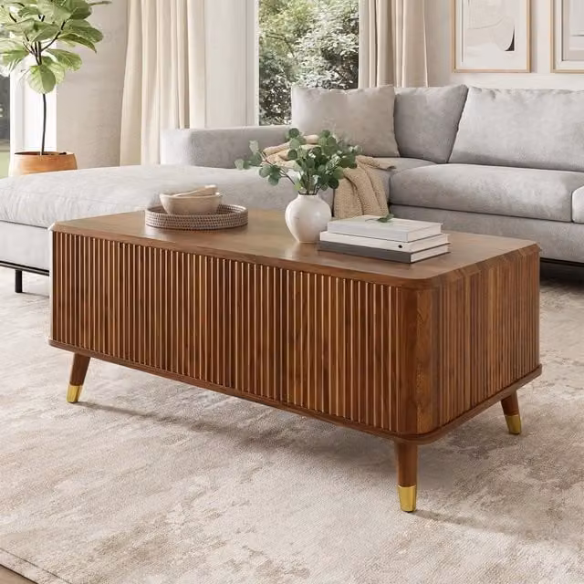 Tavolino basso alzabile Mivray per soggiorno con vano contenitore e piano estensibile in MDF color noce, L: 97 cm, P: 52 cm, H: 56.5 cm